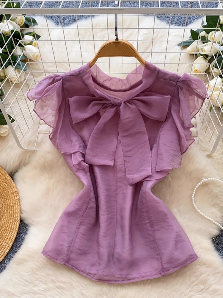 Fashion Sweet Shirts Solid Color Bow Ruffles Patchwork Crop Tops Flying Sleeve Design Blouses Summer All Match Women's Clothing
Fashion Sweet Shirts Solid Color Bow Ruffles Patchwork Crop Tops Flying Sleeve Design Blouses Summer All Match Women's Clothing