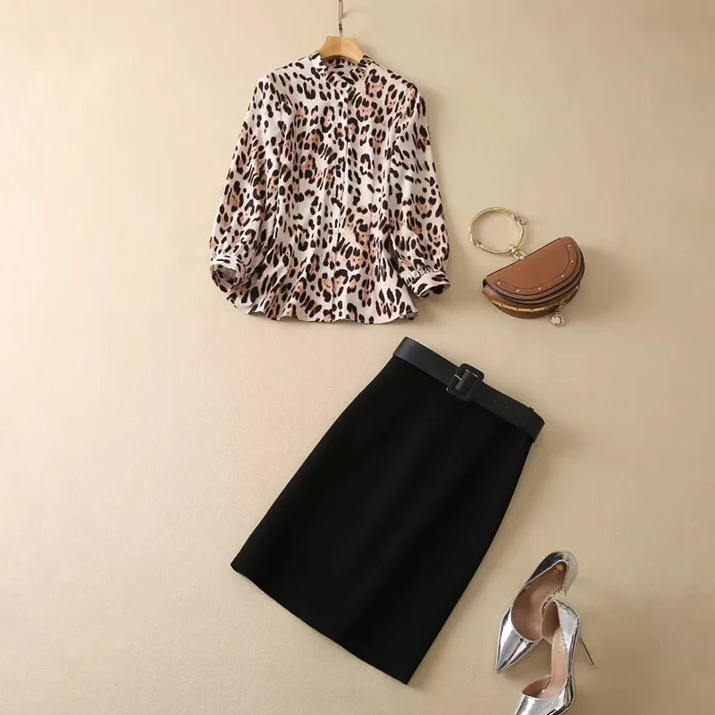 Women A Set Of Dress Full Sleeve Leopard Top Black Sheath Skirt
Women A Set Of Dress Full Sleeve Leopard Top Black Sheath Skirt