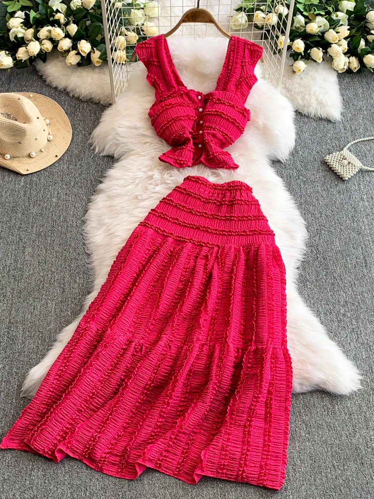Summer Slimming Pink ter Ne Gown with Pleated High Waist Skirt And Fluffy Sves Faionable Two-Piece Set for Women
Summer Slimming Pink ter Ne Gown with Pleated High Waist Skirt And Fluffy Sves Faionable Two-Piece Set for Women