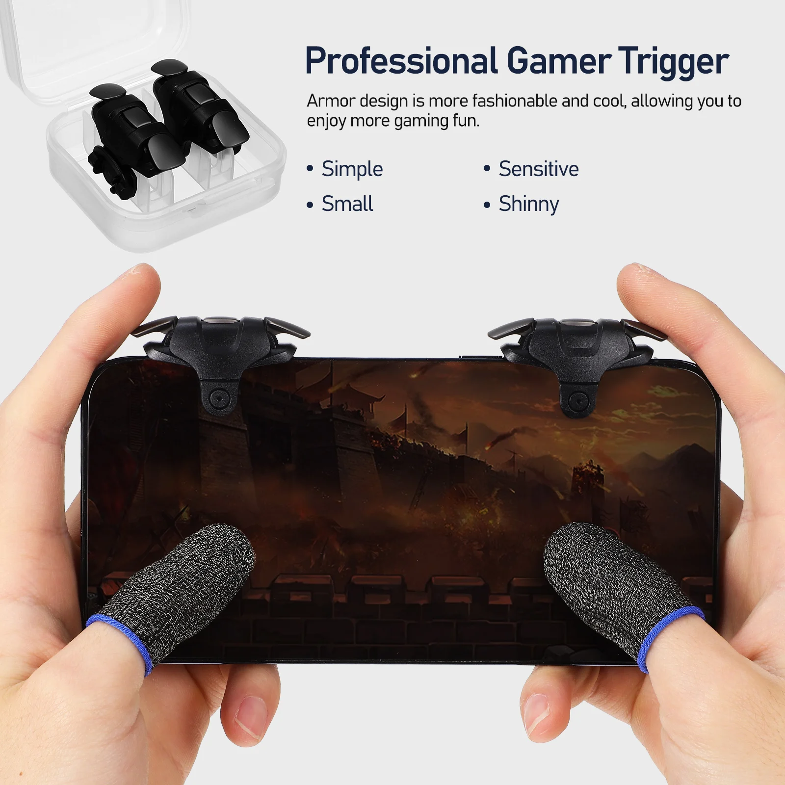 1 set Finger Sleeve Ergonomic Mobile Game Triggers Upgraded Chip Stable Connection Durable Clip Scratch Protection Compatible
1 set Finger Sleeve Ergonomic Mobile Game Triggers Upgraded Chip Stable Connection Durable Clip Scratch Protection Compatible