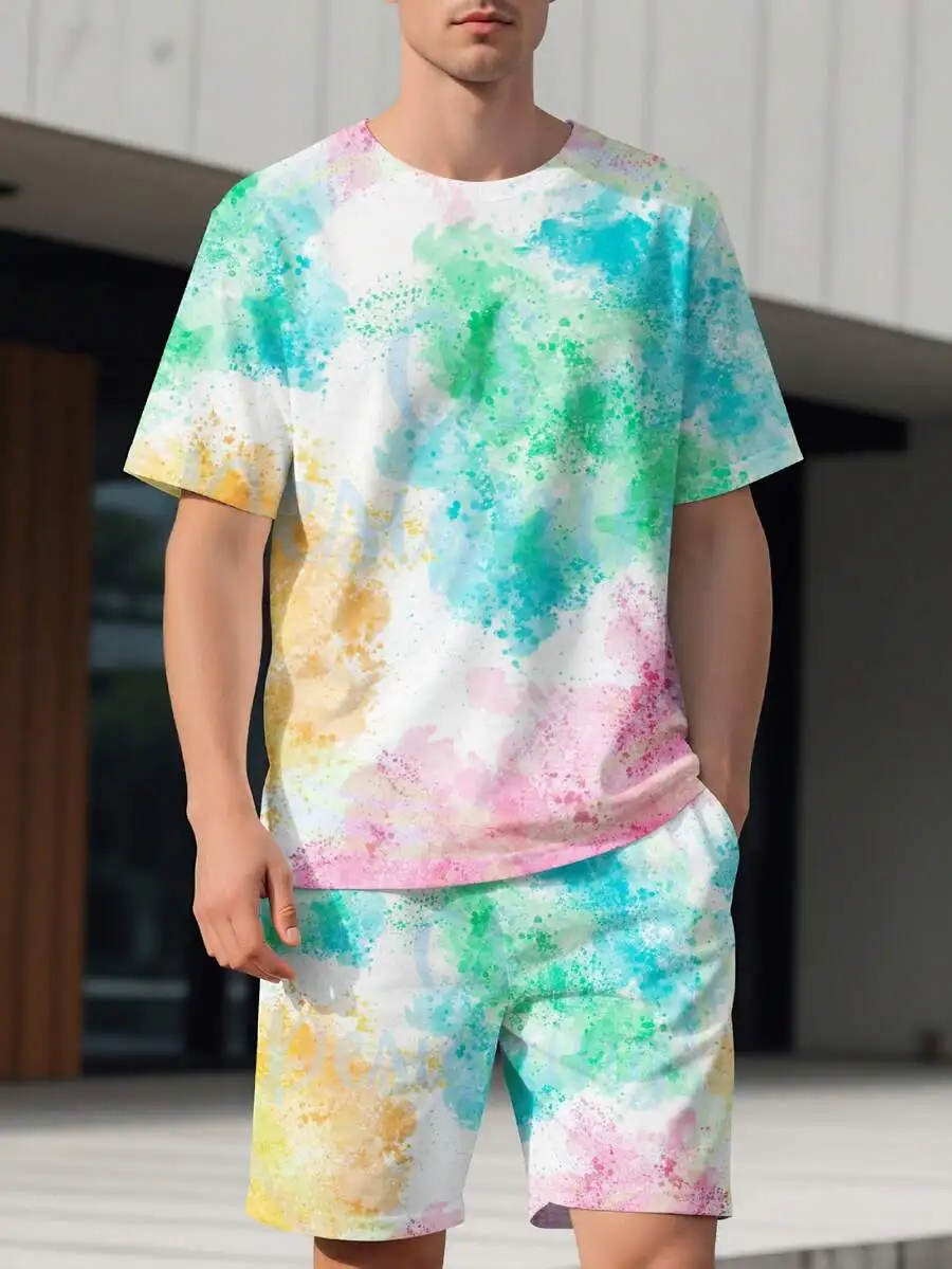 Mens Tie Dye Short Sleeve T-Shirt And Shorts Set Colorful Watercolor Print Casual Loose Fit Beach Wear
Mens Tie Dye Short Sleeve T-Shirt And Shorts Set Colorful Watercolor Print Casual Loose Fit Beach Wear