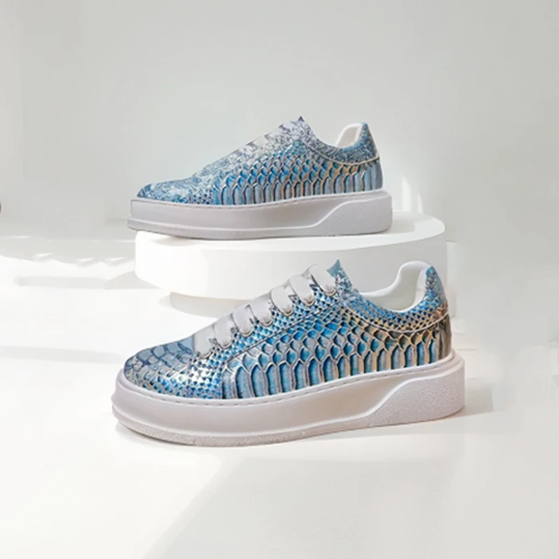 Blue Platform Sneakers Men Snakeskin Pattern Lace-up Cow Leather Round Toe Low-Top Women Casual Shoes Luxe Flat Shoes Handmade
Blue Platform Sneakers Men Snakeskin Pattern Lace-up Cow Leather Round Toe Low-Top Women Casual Shoes Luxe Flat Shoes Handmade