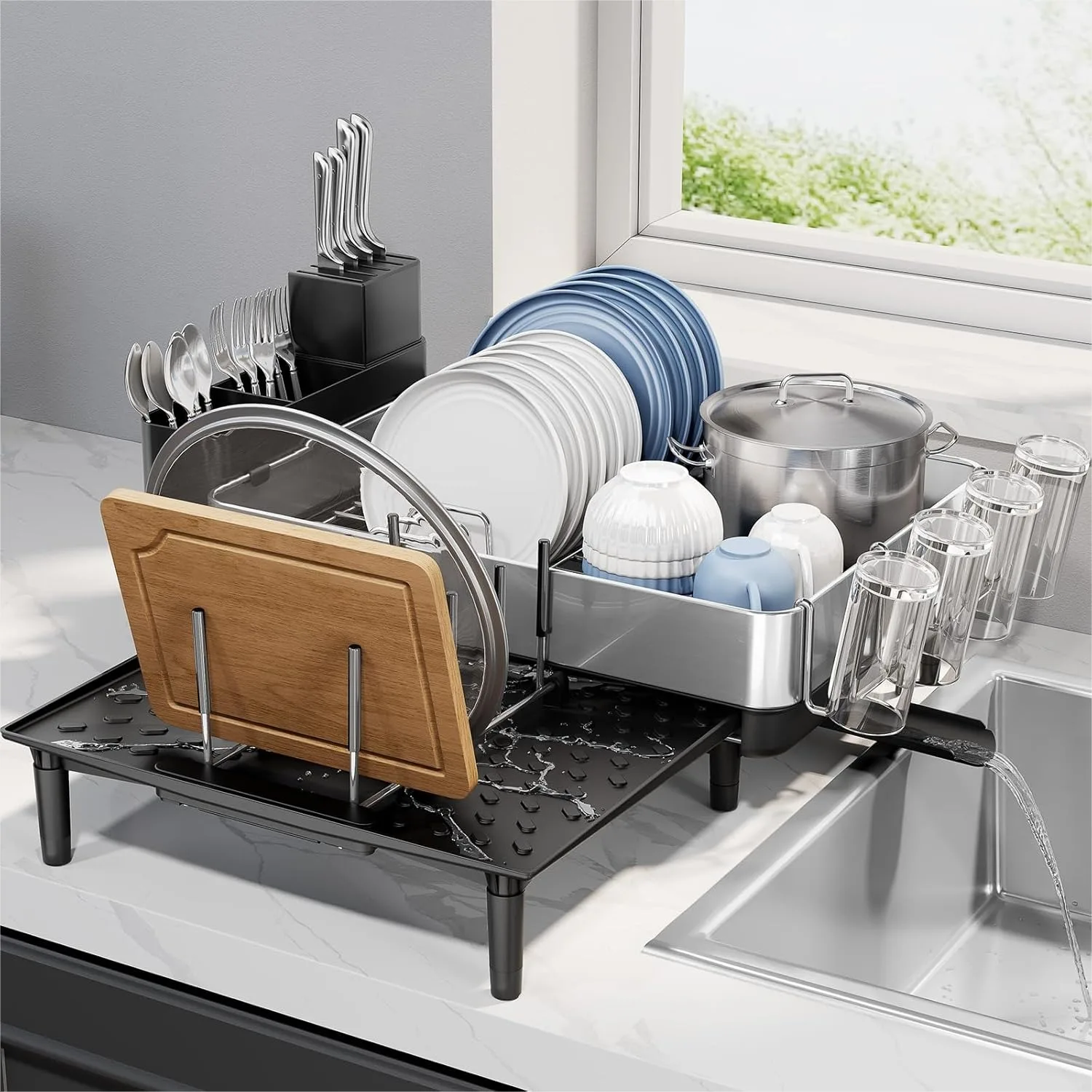Stainless Steel Dish Drying Rack For Kitchen Counter With Drain Board Removable Utensil Holder Rust-Proof Non-Slip Feet Large Capacity For 10 Plates 6 Bowls 4 Cups
Stainless Steel Dish Drying Rack For Kitchen Counter With Drain Board Removable Utensil Holder Rust-Proof Non-Slip Feet Large Capacity For 10 Plates 6 Bowls 4 Cups