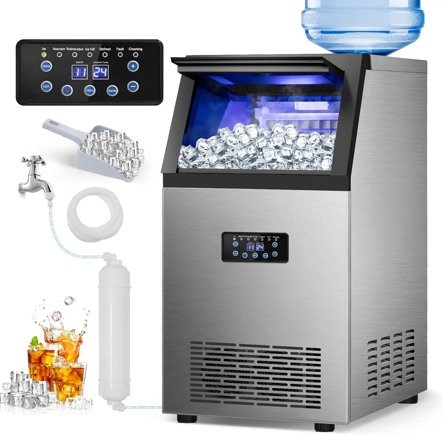 Ice Maker Machine, 120Lbs/24H with 30Lbs Storage Bin, 40Pcs Ice Cubes 6Mins, 2-Way Add Water Under Counter
Ice Maker Machine, 120Lbs/24H with 30Lbs Storage Bin, 40Pcs Ice Cubes 6Mins, 2-Way Add Water Under Counter