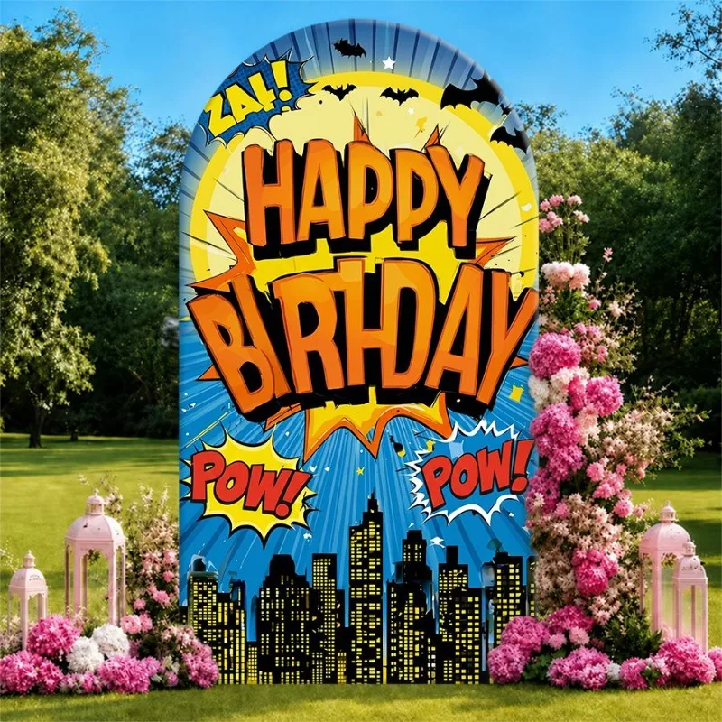 Single Side Arch Backdrop Cover Comic Style Superhero Birthday Background Banner with Bold 'Happy Birthday' Text and 'Zap Pow'
Single Side Arch Backdrop Cover Comic Style Superhero Birthday Background Banner with Bold 'Happy Birthday' Text and 'Zap Pow'