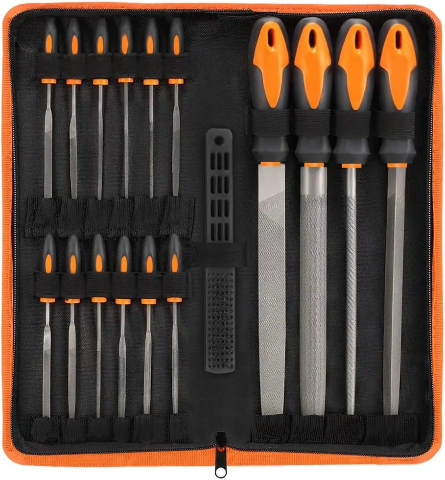 17Pcs File Set with Carry Case, Drop Forged Alloy Steel Precision Flat/Triangle/Half-round/Round Large Files and 12 Needle Files
17Pcs File Set with Carry Case, Drop Forged Alloy Steel Precision Flat/Triangle/Half-round/Round Large Files and 12 Needle Files