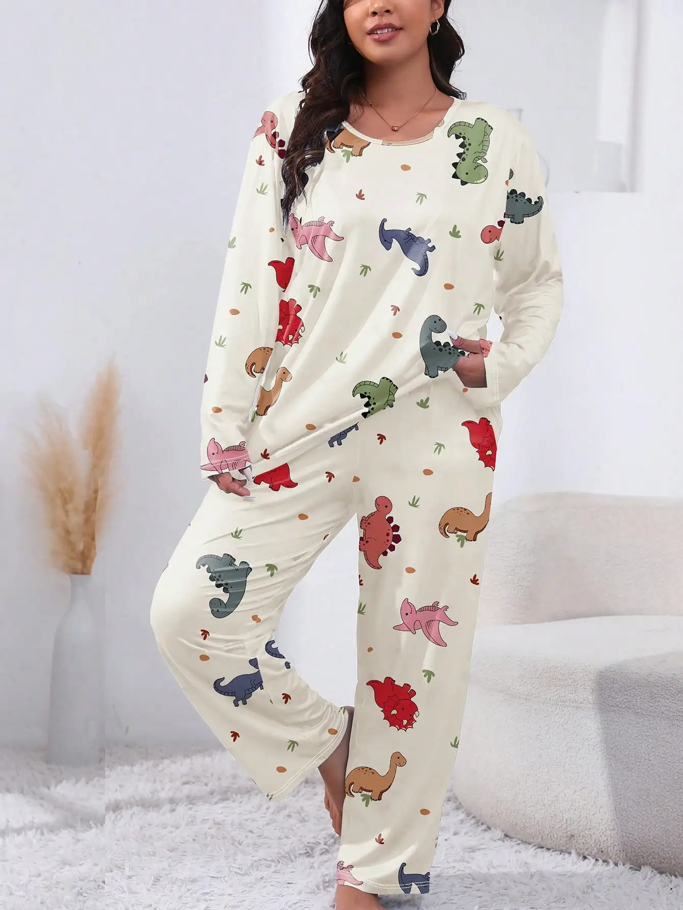 Plus Size Women's Dinosaur Print Pajama Set - Soft Knit Long Sleeve Top & Pants
Plus Size Women's Dinosaur Print Pajama Set - Soft Knit Long Sleeve Top & Pants