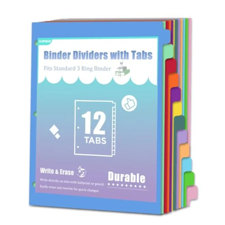 12-Tab Binder Dividers with Tabs for 3 Ring Binder, Write and Erase, Monthly Dividers for 8.5 x 11'' Letter Size Papers, Assort
12-Tab Binder Dividers with Tabs for 3 Ring Binder, Write and Erase, Monthly Dividers for 8.5 x 11'' Letter Size Papers, Assort