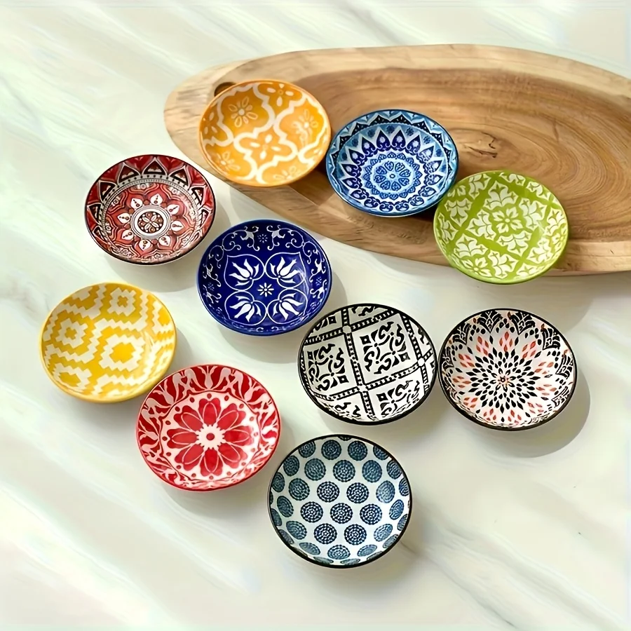 Bohemian Style 10 Ceramic Condiment Snack Dish Set-small Saucer Multi-purpose Dip and Seasoning Dish for Soy Sauce, Vinegar, Spices-ideal for Home, Kitchen, Restaurant, Sushi Restaurant, Party, Barbecue and Picnic-machine Washable
Bohemian Style 10 Ceramic Condiment Snack Dish Set-small Saucer Multi-purpose Dip and Seasoning Dish for Soy Sauce, Vinegar, Spices-ideal for Home, Kitchen, Restaurant, Sushi Restaurant, Party, Barbecue and Picnic-machine Washable