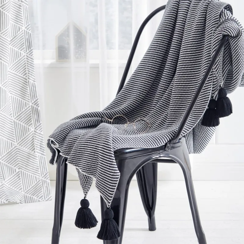 Nordic Minimalist Stripe Cotton Throw Designer Black & White Blanket with Hand-Knotted Tassels for Modern Sofas & Bed Accent 
Nordic Minimalist Stripe Cotton Throw Designer Black & White Blanket with Hand-Knotted Tassels for Modern Sofas & Bed Accent