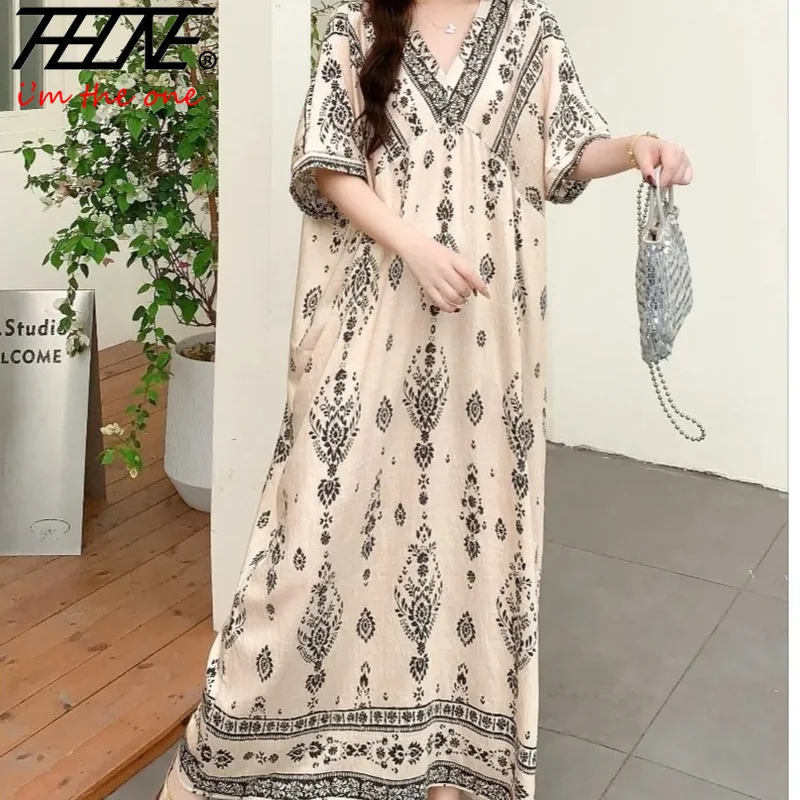 Bohemian Cotton Linen Maxi Dress Women Summer Plus Size V-Neck Loose Plus Size Beach Holiday Print Long Robe d'été femme Vestido
Bohemian Cotton Linen Maxi Dress Women Summer Plus Size V-Neck Loose Plus Size Beach Holiday Print Long Robe d'été femme Vestido