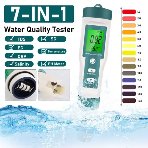 Digital Chlorine Meter PH Tester 7 In 1 SALT/ ORP/ TDS/EC/TEMP Tester CL Water Quality Analyzer for Swimming Pool Hot Spring