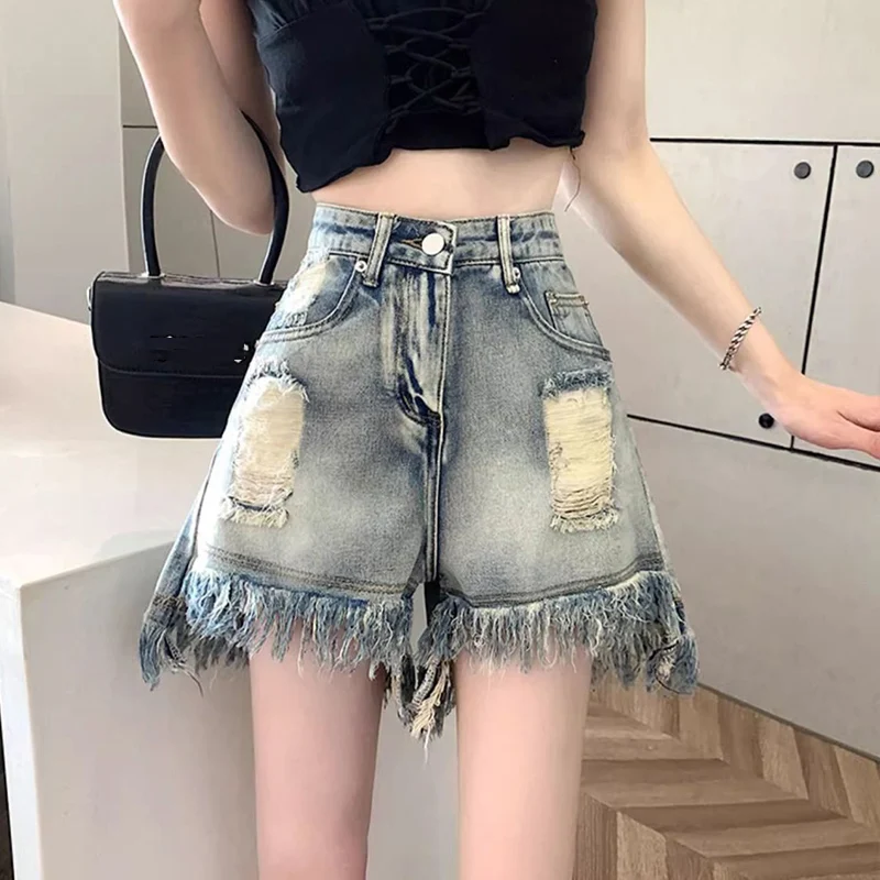 Korean Blue Ripped Denim Shorts Women Fashion Summer Tassel Straight Hot Shorts Woman 2025 A-Line All Match Short Jeans Female
Korean Blue Ripped Denim Shorts Women Fashion Summer Tassel Straight Hot Shorts Woman 2025 A-Line All Match Short Jeans Female