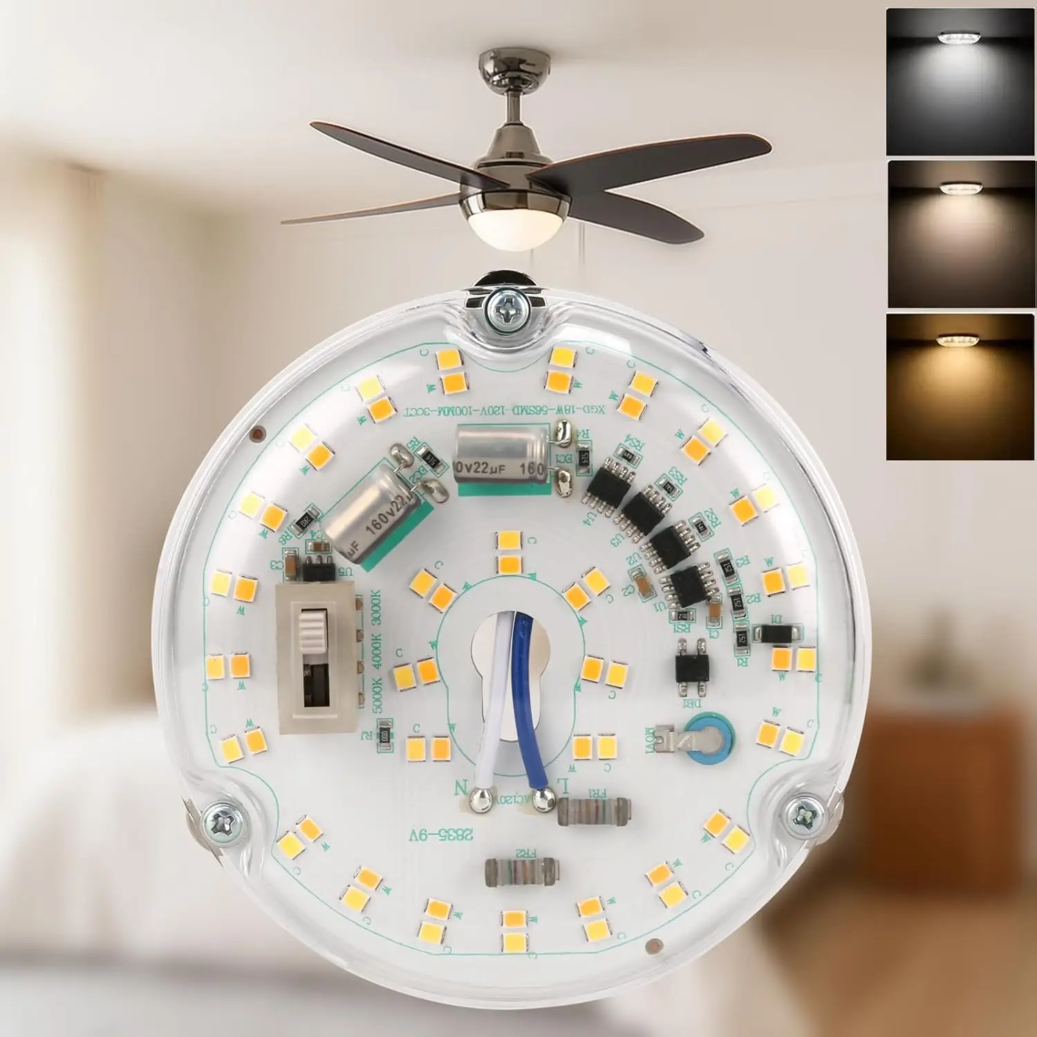 4" 18W Color Changeable Ceiling Fan LED Light Replacement, 3000K/4000K/5000K Selectable, 2200LM Dimmable, ETL Listed
4" 18W Color Changeable Ceiling Fan LED Light Replacement, 3000K/4000K/5000K Selectable, 2200LM Dimmable, ETL Listed