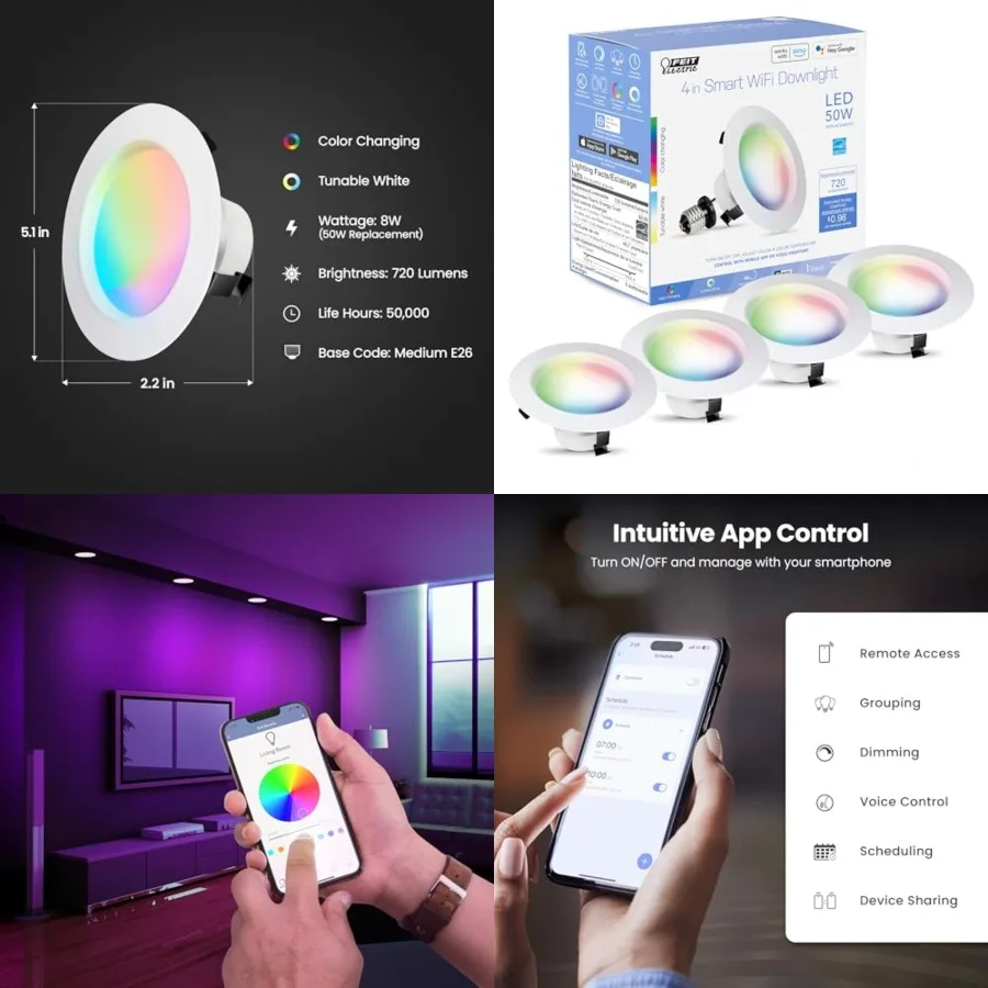 4 Inch Smart Recessed Lights, Color Changing and Tunable White, 2.4GHz WiFi LED Downlight E26 Base, Dimmable, 4 Pack, LEDR4/RGB
4 Inch Smart Recessed Lights, Color Changing and Tunable White, 2.4GHz WiFi LED Downlight E26 Base, Dimmable, 4 Pack, LEDR4/RGB