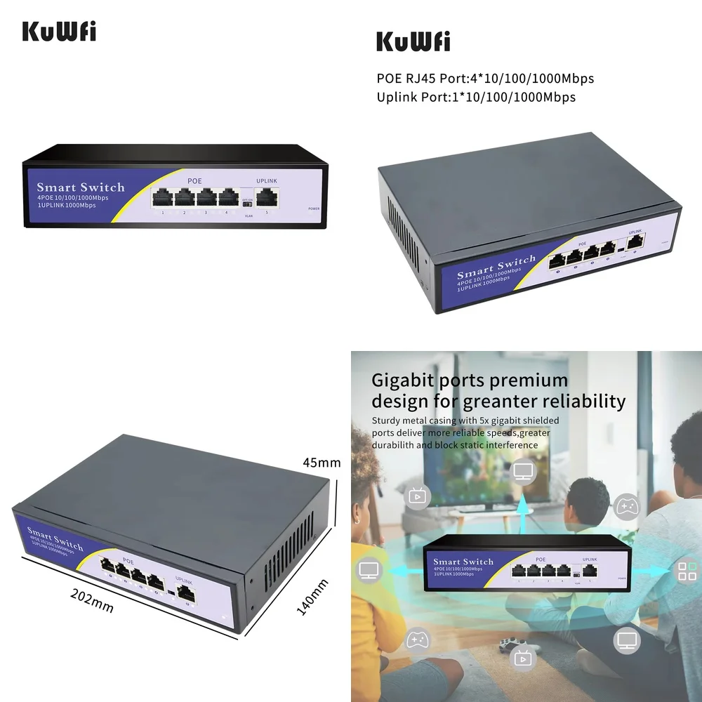 4 Port Gigabit POE Switch 10 100 1000Mbps Full Gigabit Network Switch for KuWFi 04G10GB Ethernet Switch for IP Cameras
4 Port Gigabit POE Switch 10 100 1000Mbps Full Gigabit Network Switch for KuWFi 04G10GB Ethernet Switch for IP Cameras