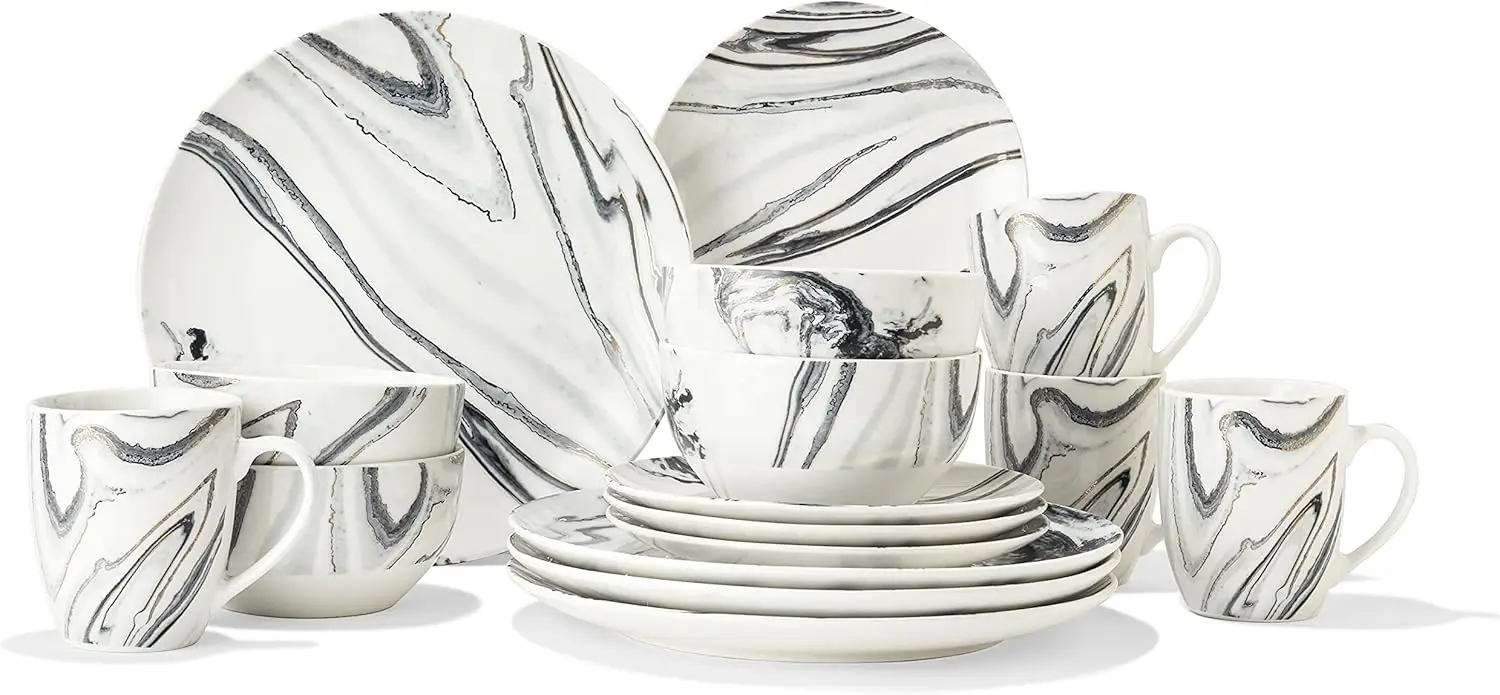Marble Coupe Dinnerware Set - 16-Piece Porcelain Dinner Party Collection w/ 4 Dinner Plates, 4 Salad Plates, 4 Bowls & 4 Mugs -
Marble Coupe Dinnerware Set - 16-Piece Porcelain Dinner Party Collection w/ 4 Dinner Plates, 4 Salad Plates, 4 Bowls & 4 Mugs -