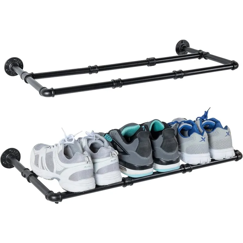 Set of 2 Industrial Matte Black Metal Pipe Hanging Shoe and Boot Rack Shelves, Wall Mounted Space Saving Footwear.
Set of 2 Industrial Matte Black Metal Pipe Hanging Shoe and Boot Rack Shelves, Wall Mounted Space Saving Footwear.