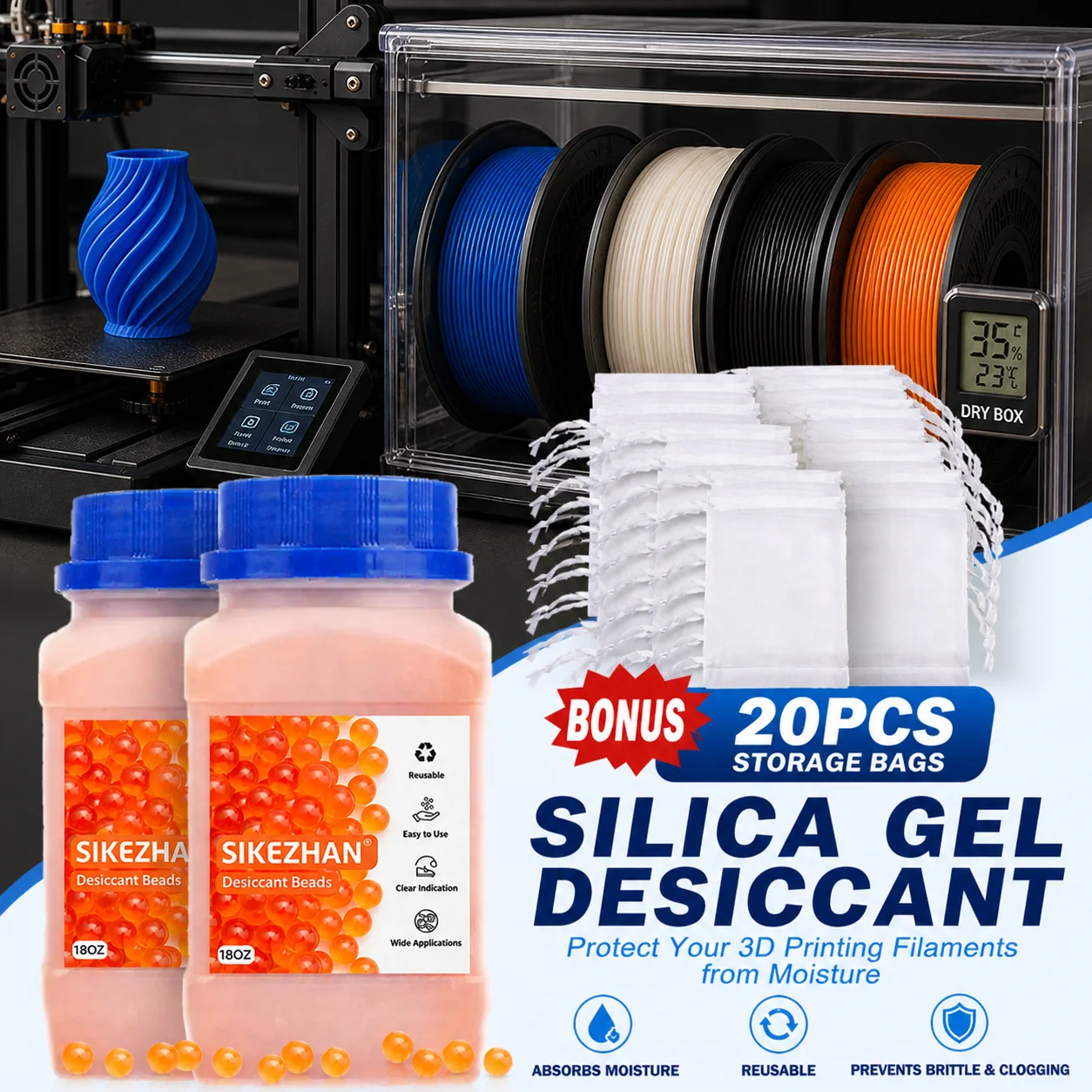 Desiccant Silica Gel Beads with Reusable Bags for 3D Printing Supplies, Moisture Absorber for Filament Box SIKEZHAN
Desiccant Silica Gel Beads with Reusable Bags for 3D Printing Supplies, Moisture Absorber for Filament Box SIKEZHAN