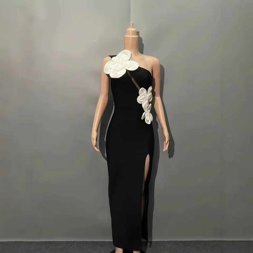 3D Flower Women Dresses Chic Diagonal Collar Black Straight Gowns Elegant Side Slit Floor Length Evening Party Dresses 2025
3D Flower Women Dresses Chic Diagonal Collar Black Straight Gowns Elegant Side Slit Floor Length Evening Party Dresses 2025