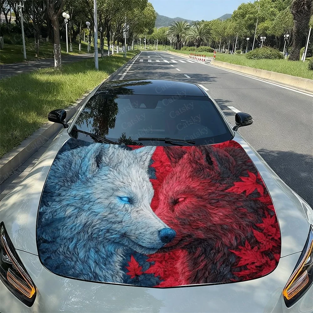 This car hood features a striking design of two wolves, one blue with icy eyes and the other red with maple leaves, symbolizing
This car hood features a striking design of two wolves, one blue with icy eyes and the other red with maple leaves, symbolizing