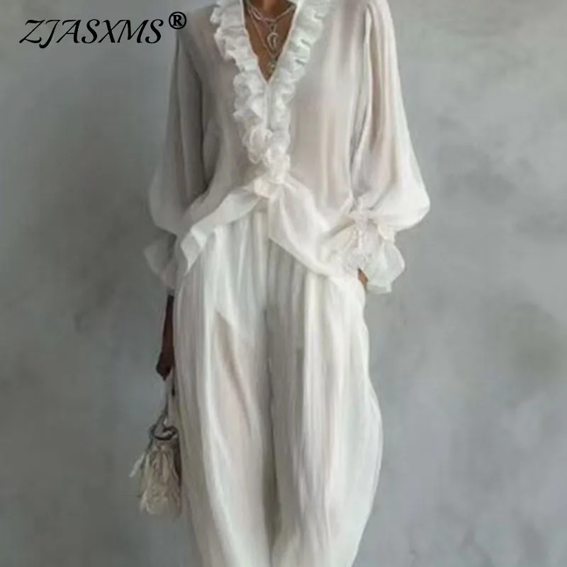 Spring Summer Solid Ruffles Vacation Boho Outfit 2 Piece Woman Sexy V Neck Long Sleeve Blouse Shirts Wide Leg Trousers Suit Sets
Spring Summer Solid Ruffles Vacation Boho Outfit 2 Piece Woman Sexy V Neck Long Sleeve Blouse Shirts Wide Leg Trousers Suit Sets