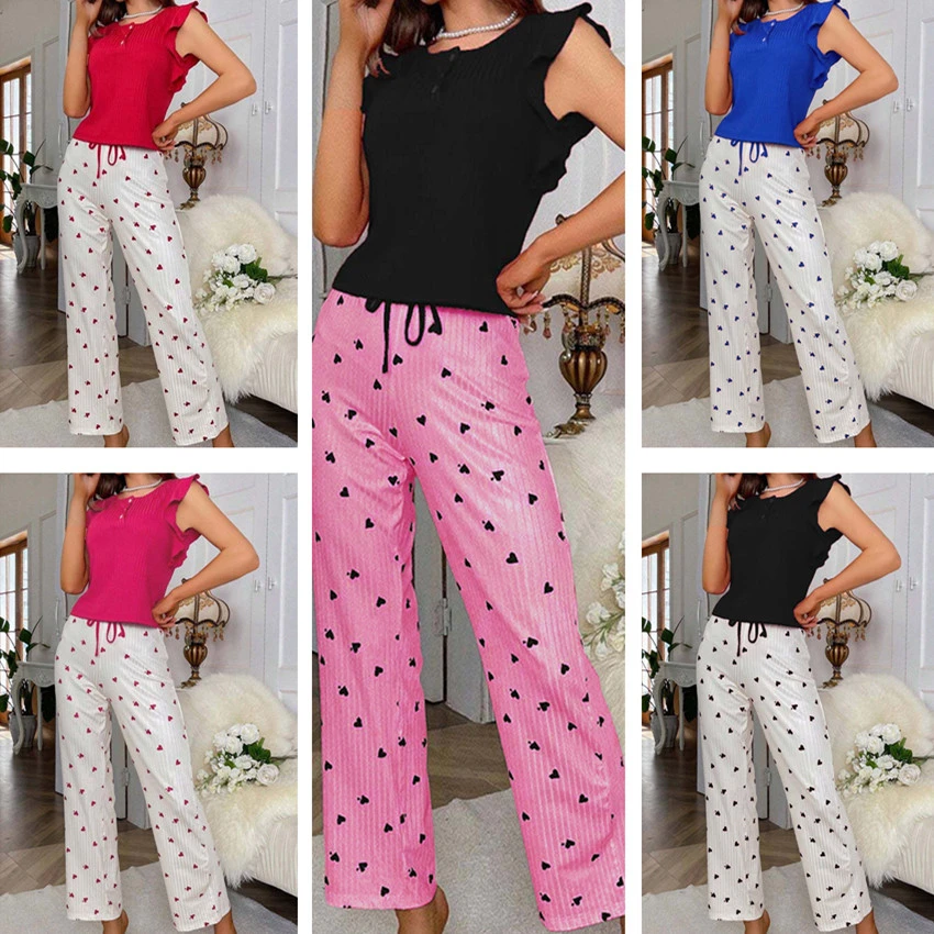 New Women's Ruffled Printed Pajama Set Ice Silk Knitted Heart Shaped Pants Casual Sleepwear Can Be Worn As Outerwear
New Women's Ruffled Printed Pajama Set Ice Silk Knitted Heart Shaped Pants Casual Sleepwear Can Be Worn As Outerwear