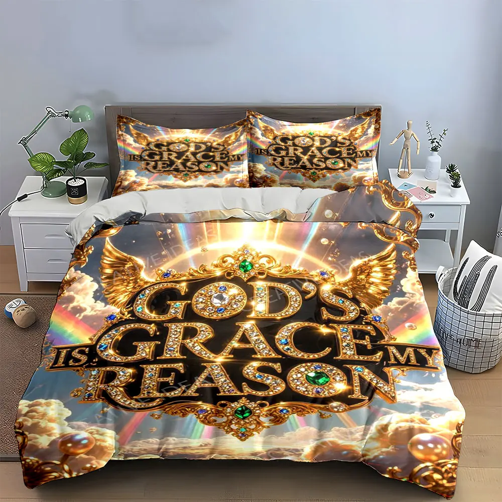 Luxury Golden Diamond Christian Bedding Set, God's Grace Is My Reason Wing Gem Cloud Rainbow Print Duvet Cover Set,Faith 3PC
Luxury Golden Diamond Christian Bedding Set, God's Grace Is My Reason Wing Gem Cloud Rainbow Print Duvet Cover Set,Faith 3PC