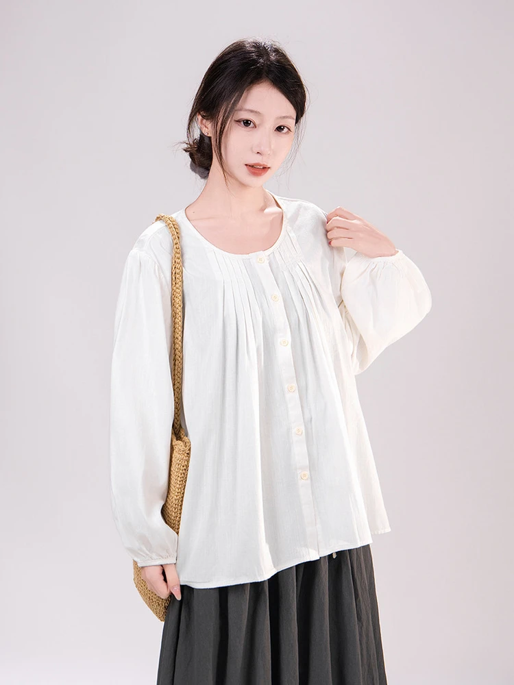 Artistic Style Loose Fit Long Sleeve Cotton Linen Shirt Women's Spring 2026 round Neck Pleated White Shirt Lazy Bohemian Fashion
Artistic Style Loose Fit Long Sleeve Cotton Linen Shirt Women's Spring 2026 round Neck Pleated White Shirt Lazy Bohemian Fashion
