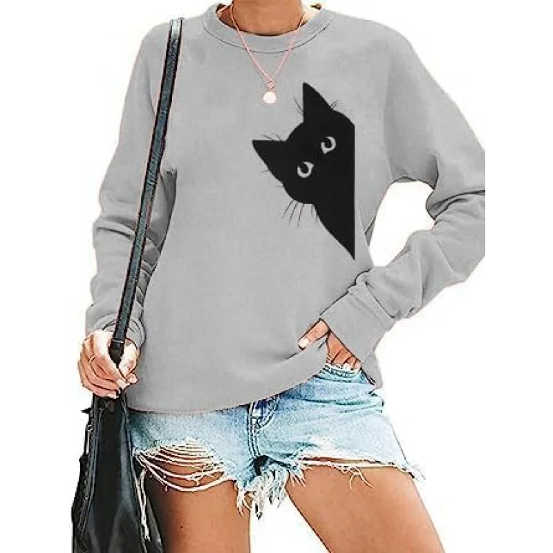 Women's fun cat printed street sports shirt long sleeved pullover lightweight gray round neck top
Women's fun cat printed street sports shirt long sleeved pullover lightweight gray round neck top