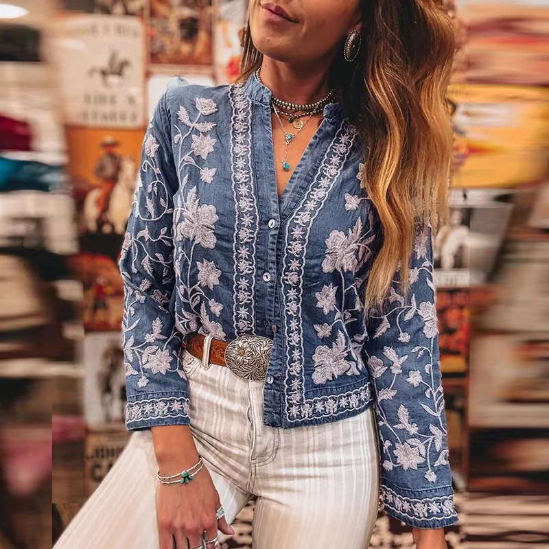Fashion Printed Embroidered Lace Tops Elegant V-neck Single Breasted Blouses Women Casual Long Sleeves Slim Fit Commuter Shirts
Fashion Printed Embroidered Lace Tops Elegant V-neck Single Breasted Blouses Women Casual Long Sleeves Slim Fit Commuter Shirts