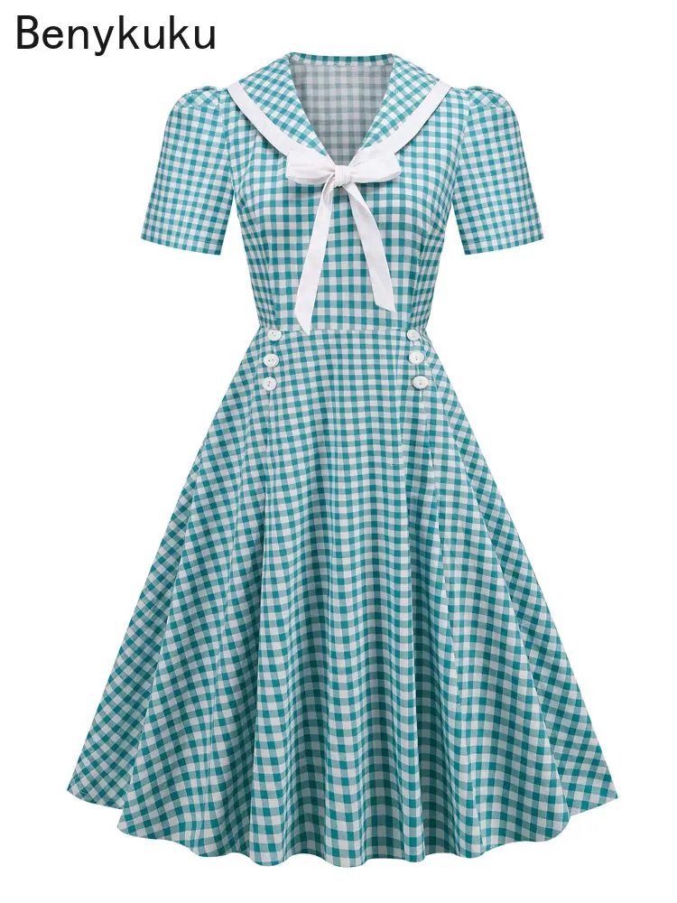 Gingham Print Shawl Collar Bow Front Pinup Vintage Cotton Summer Dresses for Women Elegant Button Plaid Swing Rockabilly Dress
Gingham Print Shawl Collar Bow Front Pinup Vintage Cotton Summer Dresses for Women Elegant Button Plaid Swing Rockabilly Dress