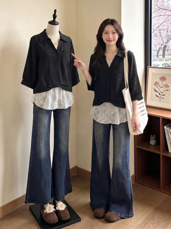 Black Lace Trim V-Neck Short Sleeve Shirt Women's plus Size Summer New Style Korean Version Loose Fit Commute Style Top
Black Lace Trim V-Neck Short Sleeve Shirt Women's plus Size Summer New Style Korean Version Loose Fit Commute Style Top