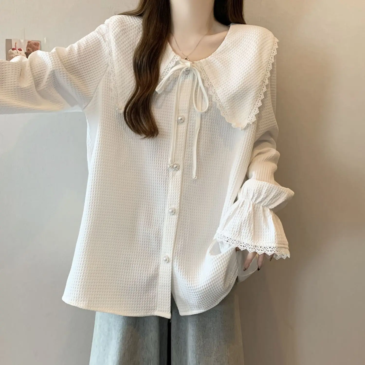 Loose Slimming Doll Collar Tied Long Sleeved Shirt Spring Autumn Korean Version Casual Sweet Chic Tops Fashion Clothes for Women 
Loose Slimming Doll Collar Tied Long Sleeved Shirt Spring Autumn Korean Version Casual Sweet Chic Tops Fashion Clothes for Women