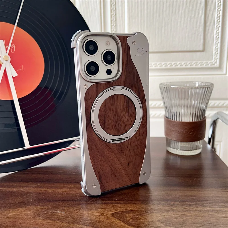 Walnut Wood Aluminum Metal Borderless Magnetic Phone Case For iPhone 15 16 Pro Max 360° Rotate Bracket Magsafe Shockproof Cover
Walnut Wood Aluminum Metal Borderless Magnetic Phone Case For iPhone 15 16 Pro Max 360° Rotate Bracket Magsafe Shockproof Cover