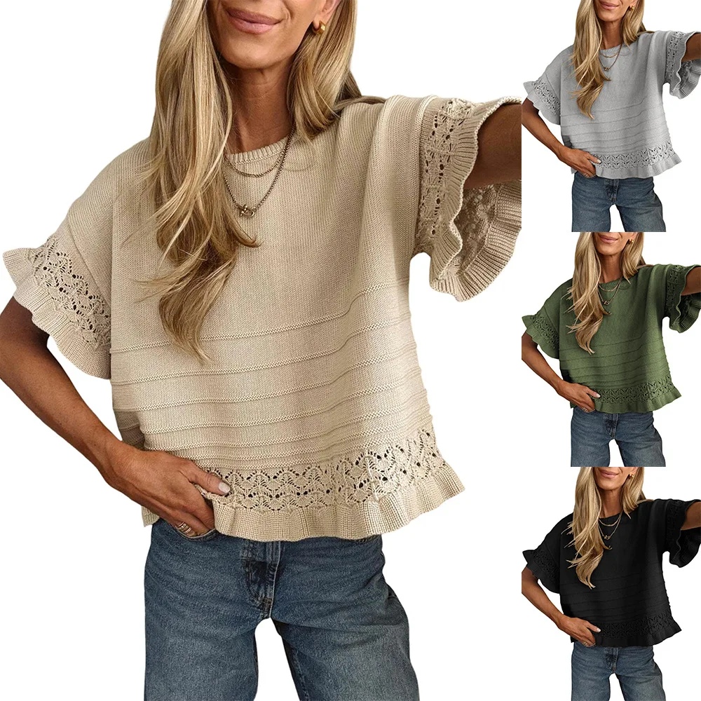 Women's Crochet Lace Knit Top, Crew Neck Ruffle Short Sleeve Sweater, Loose Fit Hollow Out Knitted Blouse for Summer Daily Wear
Women's Crochet Lace Knit Top, Crew Neck Ruffle Short Sleeve Sweater, Loose Fit Hollow Out Knitted Blouse for Summer Daily Wear