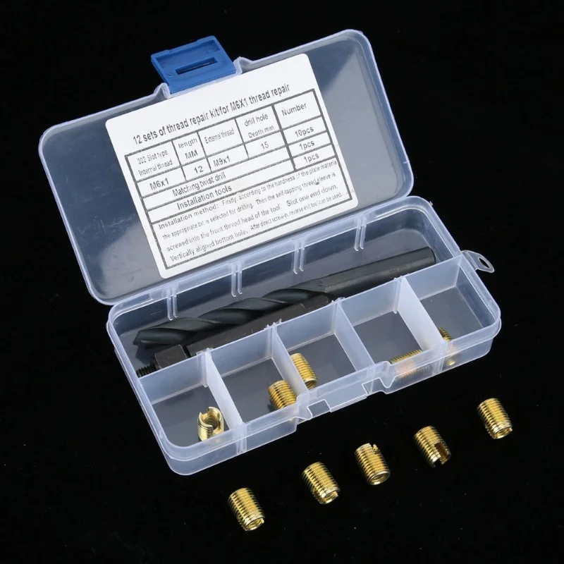 12pcs M6x1 Thread Repair Kit Self Tapping Thread Insert Twist Drill Bit Installation Tool
12pcs M6x1 Thread Repair Kit Self Tapping Thread Insert Twist Drill Bit Installation Tool