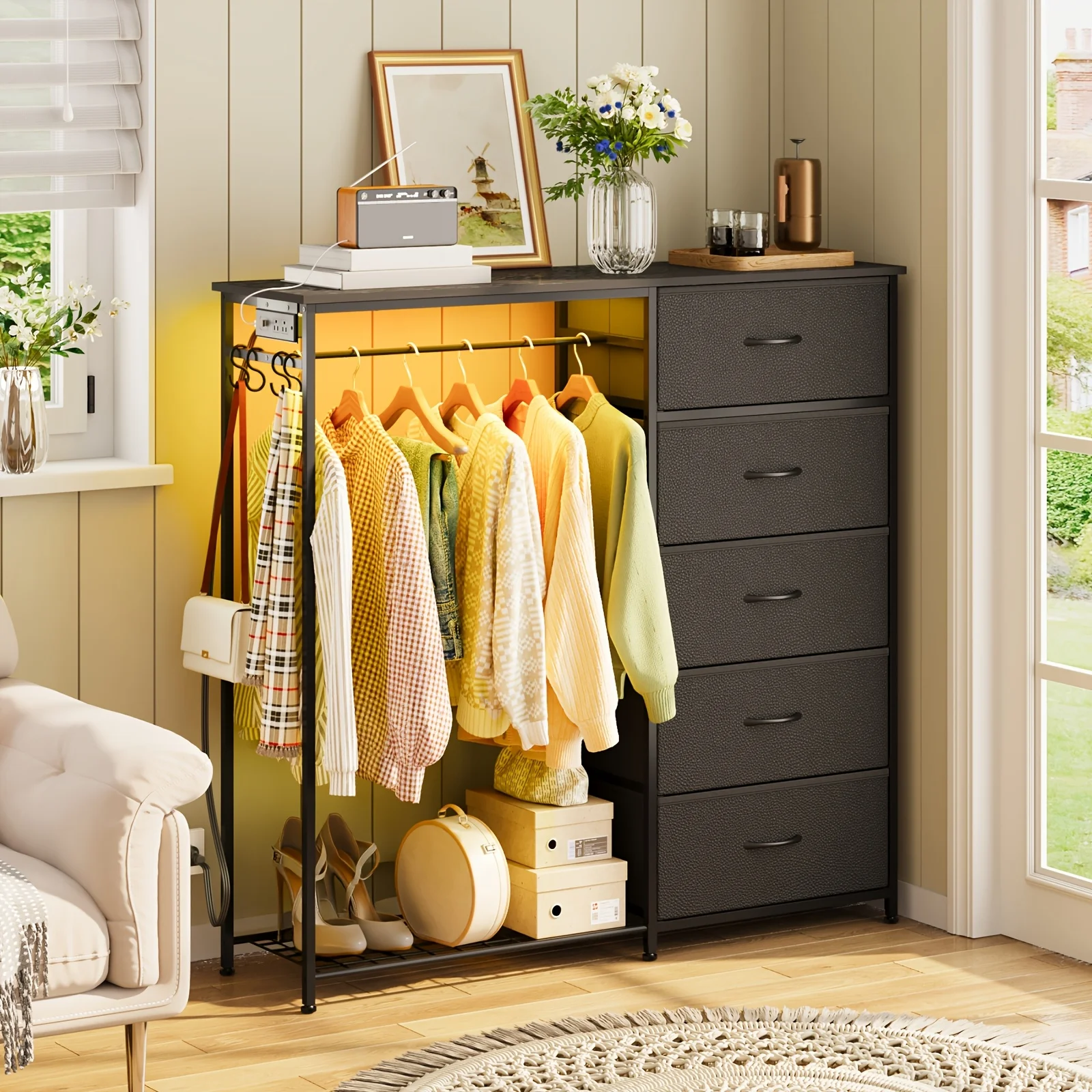 Dresser with Clothes Rack, 4/5 Drawers Closet for Bedroom, Fabric Chest Of Drawers, Tall Storage Tower, Sturdy Frame(White-4 Drawers-Small Size, Black-5 Drawers-Large Size)(5 Drawers Style with LED&Charging Station)
Dresser with Clothes Rack, 4/5 Drawers Closet for Bedroom, Fabric Chest Of Drawers, Tall Storage Tower, Sturdy Frame(White-4 Drawers-Small Size, Black-5 Drawers-Large Size)(5 Drawers Style with LED&Charging Station)