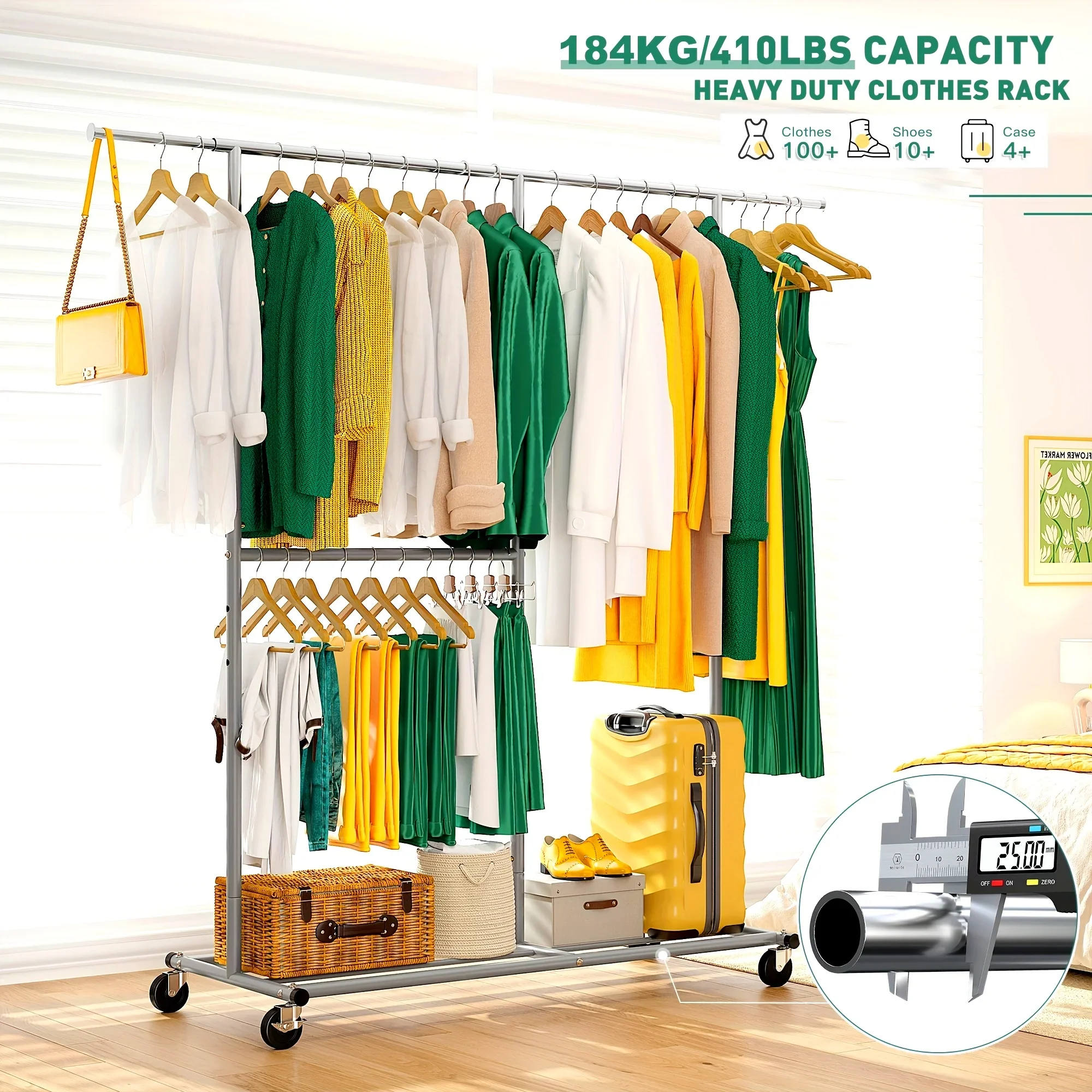 Heavy-Duty Rolling Clothing Rack with Wheels, Suitable for Hanging Garments, Portable And Adjustable,
Heavy-Duty Rolling Clothing Rack with Wheels, Suitable for Hanging Garments, Portable And Adjustable,