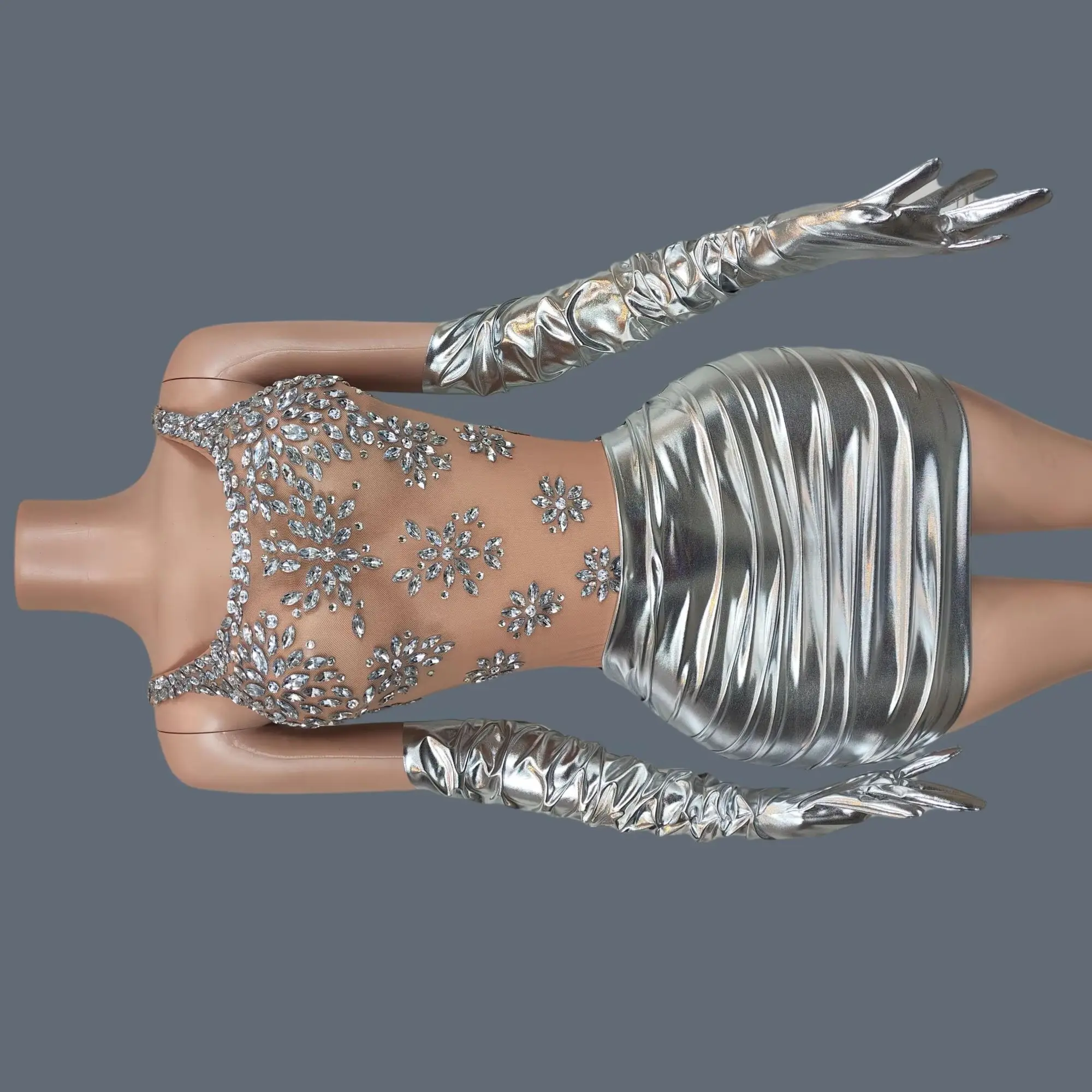 Sexy See Through Mesh Bodycon Wrap Dress Women Night Club Party Outfit Sparkly Crystals Silver Mini Dress with Gloves Set Yaori
Sexy See Through Mesh Bodycon Wrap Dress Women Night Club Party Outfit Sparkly Crystals Silver Mini Dress with Gloves Set Yaori