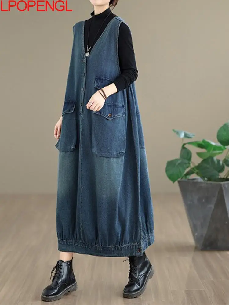 Модное винтажное джинсовое платье без рукавов с v-образным вырезом, женское осеннее свободное индивидуальное рабочее платье, пуловер, повседневное однобортное платье
Модное винтажное джинсовое платье без рукавов с v-образным вырезом, женское осеннее свободное индивидуальное рабочее платье, пуловер, повседневное однобортное платье