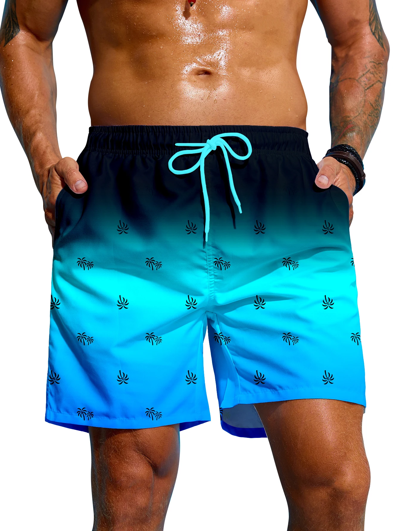 Мужские пляжные шорты с градиентным принтом пальм, быстросохнущие, повседневные плавки с карманами и шнурком, для летнего отдыха
Мужские пляжные шорты с градиентным принтом пальм, быстросохнущие, повседневные плавки с карманами и шнурком, для летнего отдыха