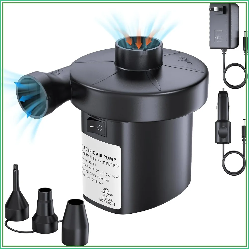 Electric Air Pump for Inflatables, Mattress Pump with 3 Nozzles, Inflator Deflator Portable for Camping, Air Bed, Pool Toys, AC/DC
Electric Air Pump for Inflatables, Mattress Pump with 3 Nozzles, Inflator Deflator Portable for Camping, Air Bed, Pool Toys, AC/DC