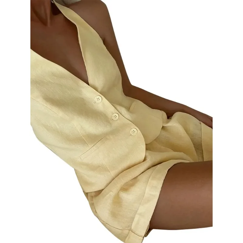 Women Halter Vest Short Suit Lemon-yellow V-neck Single Breasted Sleeve Tops Loose Waist Pockets Sets Female Lady Beachwear
Women Halter Vest Short Suit Lemon-yellow V-neck Single Breasted Sleeve Tops Loose Waist Pockets Sets Female Lady Beachwear