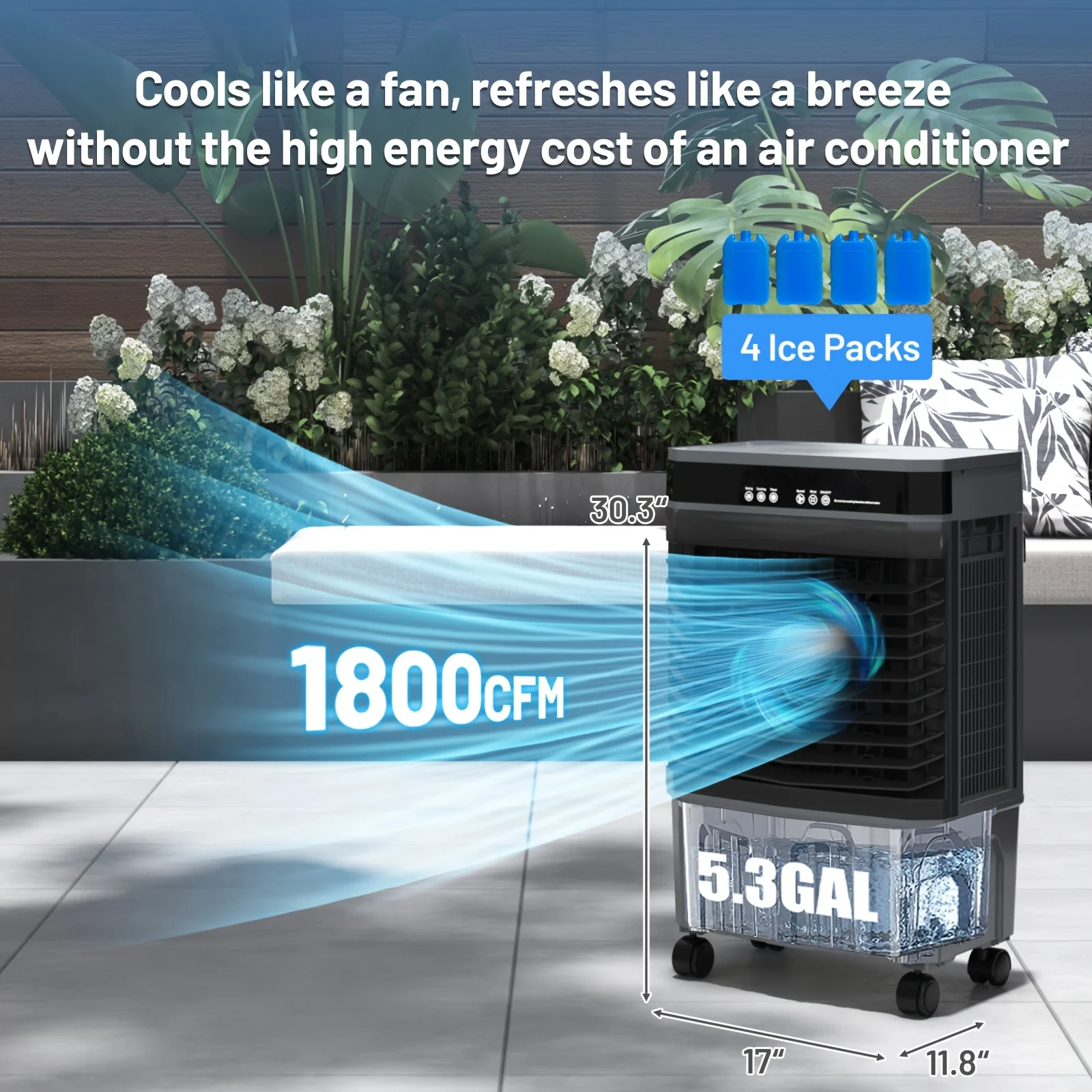 1800CFM Evaporative Air Cooler with Glass Lid, 3-In-1 Portable Swamp Cooler with 12H Timer, 3 Speeds, 5.3 Gal Large Water Tank And 4 Ice Packs for Bedroom, Office, Garage, Indoor Outdoor Use
1800CFM Evaporative Air Cooler with Glass Lid, 3-In-1 Portable Swamp Cooler with 12H Timer, 3 Speeds, 5.3 Gal Large Water Tank And 4 Ice Packs for Bedroom, Office, Garage, Indoor Outdoor Use