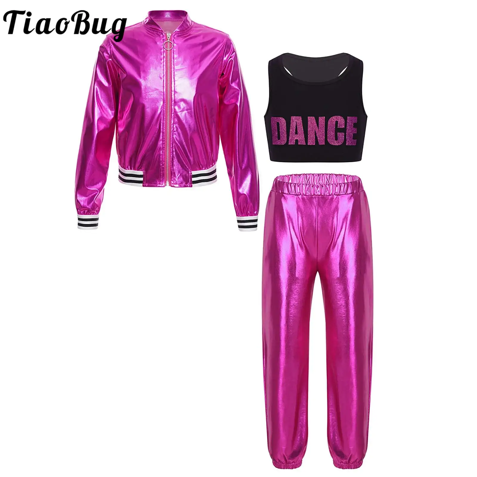 Kids Girls Hip Hop Jazz Dance Costume Metallic Shiny Jacket with Crop Top Pants Ceerleading Street Stage Performance Dancewear 
Kids Girls Hip Hop Jazz Dance Costume Metallic Shiny Jacket with Crop Top Pants Ceerleading Street Stage Performance Dancewear