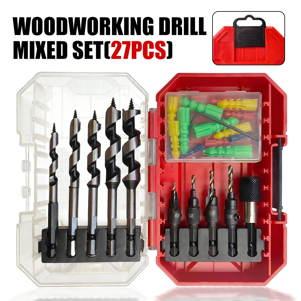 27PCS Woodworking Drill Bit Set, Twist Drills, Countersink Bits & Extension Rods, for Wood, Plywood, MDF
27PCS Woodworking Drill Bit Set, Twist Drills, Countersink Bits & Extension Rods, for Wood, Plywood, MDF