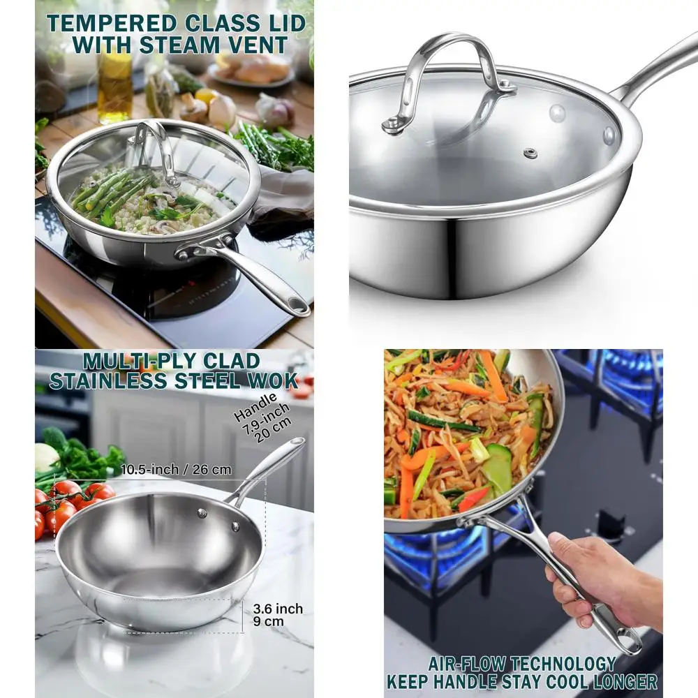 10.5 Stainless Steel Induction Wok Pan with Lid, Silver, Flat Bottom for Stir Fry
10.5 Stainless Steel Induction Wok Pan with Lid, Silver, Flat Bottom for Stir Fry