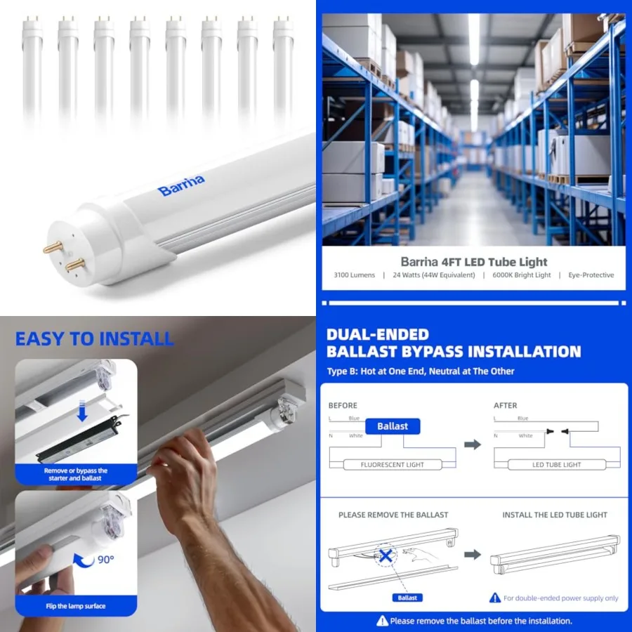 T8 LED Bulbs 4 Feet, Fluorescent Light Bulbs Replacement, 24W, 3200LM, Bright Light Ballast Bypass, Dual-End Powered, T8 T10 T1
T8 LED Bulbs 4 Feet, Fluorescent Light Bulbs Replacement, 24W, 3200LM, Bright Light Ballast Bypass, Dual-End Powered, T8 T10 T1
