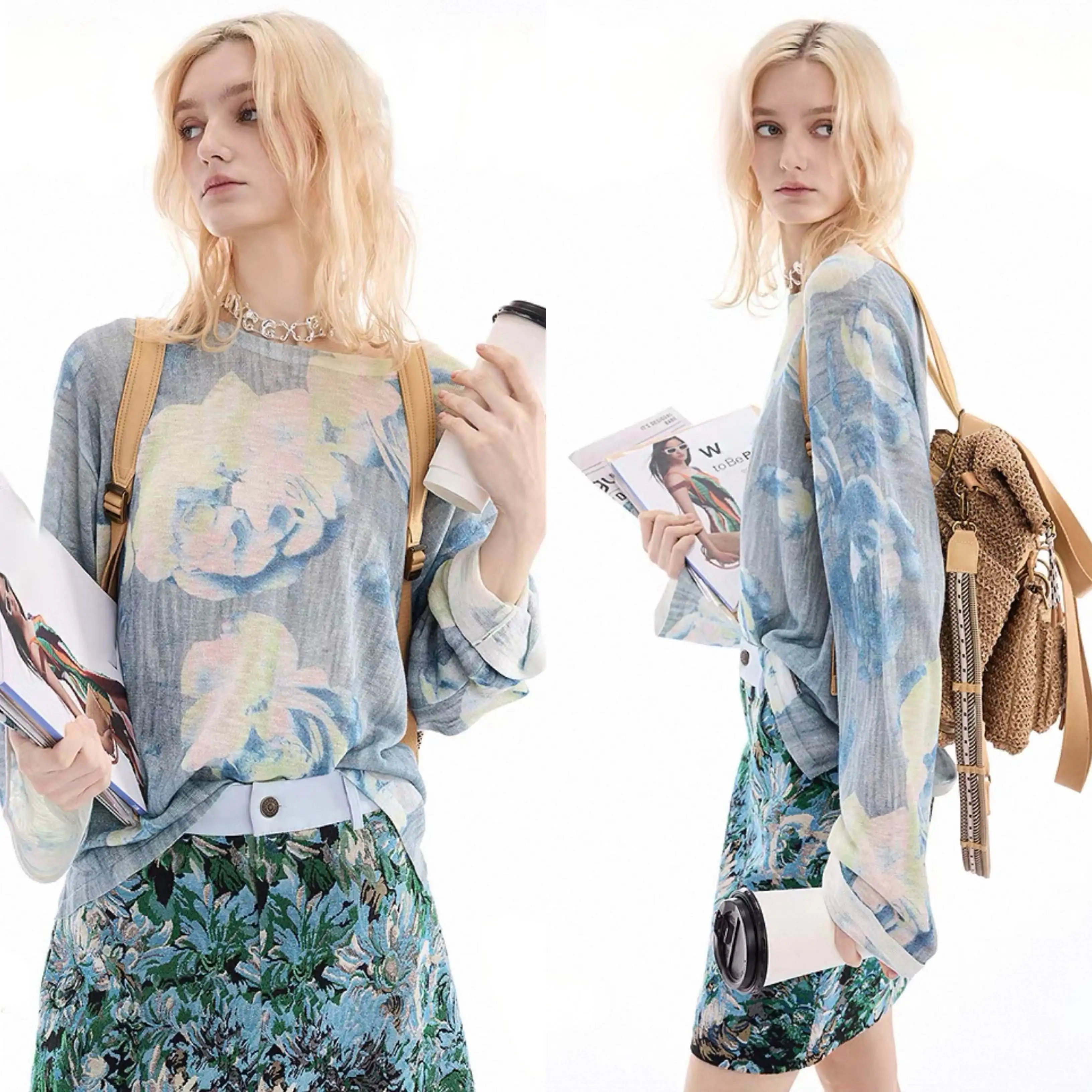 European and American women's knitted sweater from Spain, original loose rose print round neck lightweight top, new product
European and American women's knitted sweater from Spain, original loose rose print round neck lightweight top, new product